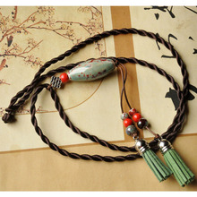 Vintage Leather Tassel Pendants Necklace For Women Ceramic Beads Strand Charm Choker Sweater Chain Necklaces Handmade Jewelry 2024 - buy cheap