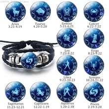 12 Constellations Black Bracelet Glass Dome Cabochon Jewelry Zodiac Signs Woven Leather Punk Bracelets Women Men Birthday Gift 2024 - buy cheap