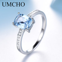 Кольцо UMCHO с прямоугольным голубым топазом, ювелирное изделие из настоящего искусственного серебра, красочные кольца с драгоценным камнем для женщин, Подарочные ювелирные украшения из драгоценных камней 2024 - купить недорого