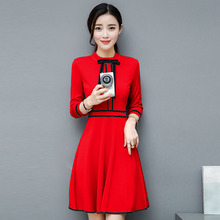 Slim A-Line Office Lady Dress Solid Wrist Bow Stand Collar Women Dresses Elegant Female Vestido Spring df2177 2024 - buy cheap