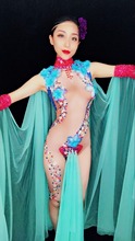 Женский сексуальный танцевальный костюм с цветными цветами, окрашенный комбинезон для сцены, зеленое Сетчатое боди, наряд певицы 2024 - купить недорого