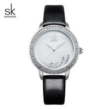 Shengke relógio luxuoso de cristal para mulheres, de couro, quartzo, bayan kol saati, novo relógio feminino 2024 - compre barato