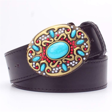 Fashion women leather belt Bohemian style Gemstone Beads belt turquoise stones belts arabesque pattern metal Belt gift for women 2024 - buy cheap