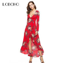 Ruffle Chiffon Dresses Women 2018 Autumn Floral Print Long Dress With Long Sleeve Deep V Neck Fashion Holiday Asymmetrical Dress 2024 - buy cheap