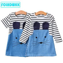 2018 New Summer Striped Patchwork Character Girl Dresses Long Sleeve Children Clothing Kids Girls Dress Denim Kids Clothes 9 10Y 2024 - buy cheap