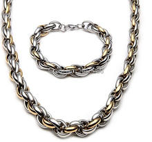 Corrente oval de corda dourada 2 tons 9mm, aço inoxidável, moderno, corrente de corda oval + conjunto de pulseira, joias legais masculinas 2024 - compre barato