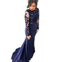 Cinderella Dark Navy Long Sleeves Boat Neck Satin Pleated Court Train Mermaid Bridesmaid Gowns Sexy Wedding Party Dresses 2024 - buy cheap