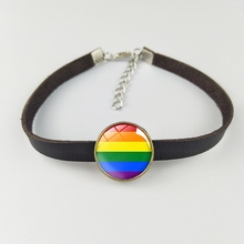 LGBT Pride Rainbow Bracelet Punk Brown Leather Rope Glass Charm Bracelets Lesbians Gays Bisexuals Transgender Jewelry 2024 - buy cheap