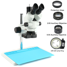 Microscópio trinocular simul-focal, microscópio industrial contínuo 3.5x-90x + ferramenta de lente objetiva de 0.5x 2x + anel de luz led 144 2024 - compre barato