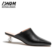 ISNOM Unusual Heels Crystal Women Slippers Square Toe Footwear Slides Shoes Woman Genuine Leather Shoes Woman Female Mules 2024 - buy cheap