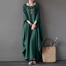 Summer Loose Plus Size Maxi Dress Cotton Linen O Neck Long Sleeve Boho Dresses Lady Spring Kaftan Solid Gown Robe Dress vestido 2024 - buy cheap