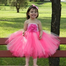 Vestido rosa con tutú para niña, vestido de tul de ganchillo esponjoso para niña, vestido de bola con flor grande y lazo para el pelo, disfraz de fiesta para niño 2024 - compra barato