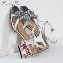 Krazing pot-sandalias de piel auténtica con punta abierta y hebilla de cristal, tacones altos brillantes con diamantes de imitación, para verano, talla grande L32 2024 - compra barato