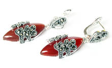 Water Drop Lovely Women's Wedding Jewelry VINTAGE NATURAL RED stone MARCASITE 925 STERLING  DANGLE EARRINGSLuxury Girls Wedding 2024 - buy cheap