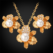 New Gold Color Flower Pearls Austrian Rhinestone Necklace Pendant Earrings Fashion Jewelry Set Gift For Women MGC PE3149 2024 - buy cheap