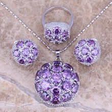 Gallant Purple Cubic Zirconia Silver Plated Jewelry Sets Earrings Pendant Ring Size 5.5 / 6 / 7 / 8 / 9 / 10 S0022 2024 - купить недорого