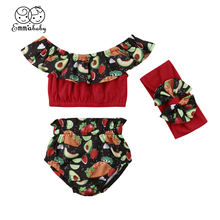 Conjunto de ropa de algodón con hombros descubiertos para niñas pequeñas, Tops cortos de aguacate y fruta, 3 uds. 2024 - compra barato