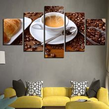 Pintura em tela para sala de estar, arte de parede, 5 peças, café perfumado, fotos de pão, poster de grãos de café, decoração de casa modular da cozinha 2024 - compre barato