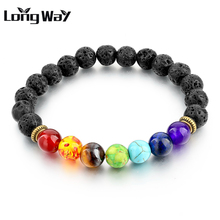 Longway pulseira de yoga de oração reiki, bracelete para mulheres, multicolorido, pulseiras de lava preta, contas de chakra sbr160091 2024 - compre barato