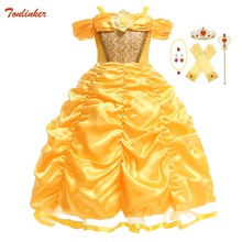 Birthday Party Costume For Girls Yellow Belle Princess Dress Flowers Lace Embroidery Ball Gown Kids Halloween Cosplay Clothes 2024 - buy cheap