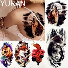 YURAN Beauty, женские татуировки с большой луной, лисой, временные, черные, на шее, художественные татуировки, наклейки для мужчин, волчьи татуировки, поддельные наклейки с розой 2024 - купить недорого