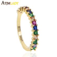 Gold Color fashion jewelry rainbow square baguette cz engagement ring for women colorful cubic zirconia cz eternity band ring 2024 - buy cheap