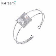 LUOTEEMI  2018 New Fashion Design Unique Square Setting Insert Three Imitation Pearls Bracelets Copper CZ For Women Party 2024 - buy cheap