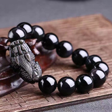 Pulseira de pedra de obsidiana natural, bracelete redondo com contas pixiu para mulheres e homens, bracelete de pedra energética para joalheria 2024 - compre barato