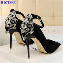 BIGTREE Elegant Crystal Pointed Toe Wedding Shoe Women's Pumps Solid Flock Fashion Buckle Shallow High Heels Shoes for Women 2024 - buy cheap