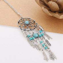 Blue Beads Feather Necklaces Dream Catcher Pendant Silver Color Long Sweater Chain Dreamcatchers Women Bohemia Tassels Jewelry 2024 - buy cheap