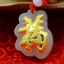 Linda Natural Hetian Branco Jade + 18 K Ouro Maciço Amuleto Chinês Fu Bênção Sorte Pingente + Colar Livre Fina jóias 2024 - compre barato
