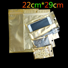 Paquete de plástico con cremallera autosellada, bolsa de embalaje con cierre de cremallera de 22x29cm, color dorado/transparente, con orificio para colgar 2024 - compra barato