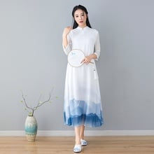 Женское винтажное платье с воротником-стойкой, белое платье с рукавом 3/4, льняное платье, Cheongsam AA4651, большие размеры 2024 - купить недорого