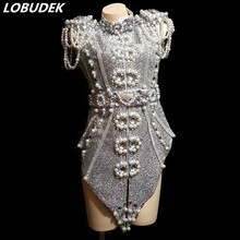 Vestido feminino de pérolas com strass, fantasia de cristais de pérolas, festa, dj, singer, jazz, roupas para performance, palco, sexy 2024 - compre barato