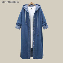 4xl vintage azul com capuz denim trench coat feminino 2018 inverno moda jeans casacos longos manga comprida plus size outwear roupas 2024 - compre barato