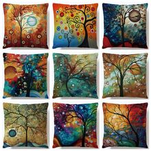 45x45cm Oil Painting Cushion Cover Colorful Tree Linen Cotton Pillow Case For Sofa Car Seat Home Decor Almofadas 2024 - buy cheap
