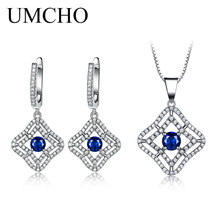 UMCHO Created Sapphire Clip Earrings Necklace Real Sterling Silver 925 Jewelry Sets For Women Elegant Classic Gift Fine Jewelry 2024 - buy cheap