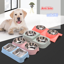 Plastic Stainless Steel Dual Combo Pet Bowl Dog Cat Water Food Separated Health Bowl Feeder Anti-bite&Anti-skid Puppy Food Bowl 2024 - buy cheap