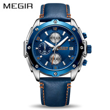 MEGIR Mens Watches Top Brand Luxury Sport Quartz Watch Genuine Leather Chronograph Blue Waterproof WristWatch  Relogio Masculino 2024 - buy cheap