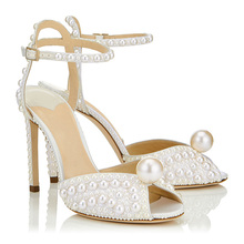 Sandalias de boda con tachuelas de perlas brillantes para mujer, zapatos de tacón alto elegantes con correa en el tobillo y Punta abierta 2024 - compra barato