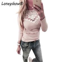 Loneyshow 2018 New Spring Women Tops O Neck Patchwork Lace T-shirts Women Long Sleeve Slim Shirts Casual Solid Pink Gray Tops 2024 - buy cheap