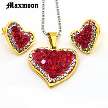 Maxmoon Women Red Crystal Jewelry Sets 316l Stainless Steel Necklace and Earrings Heart Cubic Zirconia Free Chain 2024 - buy cheap