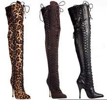 New Fashion Women Lace-up Suede Leather Over Knee Gladiator Boots Leopard Slim Tigh High Luxury High Heel Long Boots 2024 - buy cheap