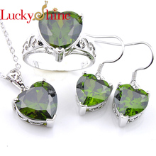 Luckyshine 3Pcs for Women  Party Sets Olive Green Love Heart Zirconia Silver Ring Earrings and Pendants Necklace Jewelry Set 2024 - buy cheap