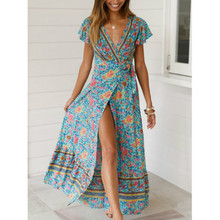 Women Summer Boho Floral Long Maxi Dress Deep V-neck High Split Fashion Beach Party Dresses Sundress 2024 - buy cheap