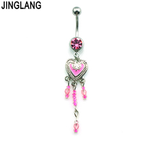 Wholesale Fashion Belly Button Rings Stainless Steel Barbell Dangle Pink Heart Chain Navel Body Piercing Jewelry 2024 - buy cheap