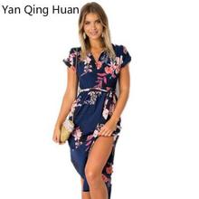 Yan qing huan verão novo 2019 sexy com decote em v floral impressão irregular fenda vestido longo boêmio cinto de manga curta vestido da senhora do escritório 2024 - compre barato
