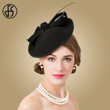 Fs 100% chapéu de lã preto feminino, chapéu elegante para igreja senhoras formais vintage de feltro fedoras fascinator de casamento chapéus para mulheres pingente 2024 - compre barato