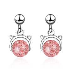 New Small Fresh Strawberry Crystal Cute Animal Silver Plated Jewelry Kitten Sweet Cat Pink Women Earrings XZE084 2024 - buy cheap