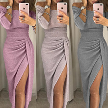 BKLD 2018 Fashion Autumn Women Sexy Off Shoulder Ruched Slit Midi Party Dress Solid Long Sleeve Bright Silk High-elastic Vestido 2024 - buy cheap